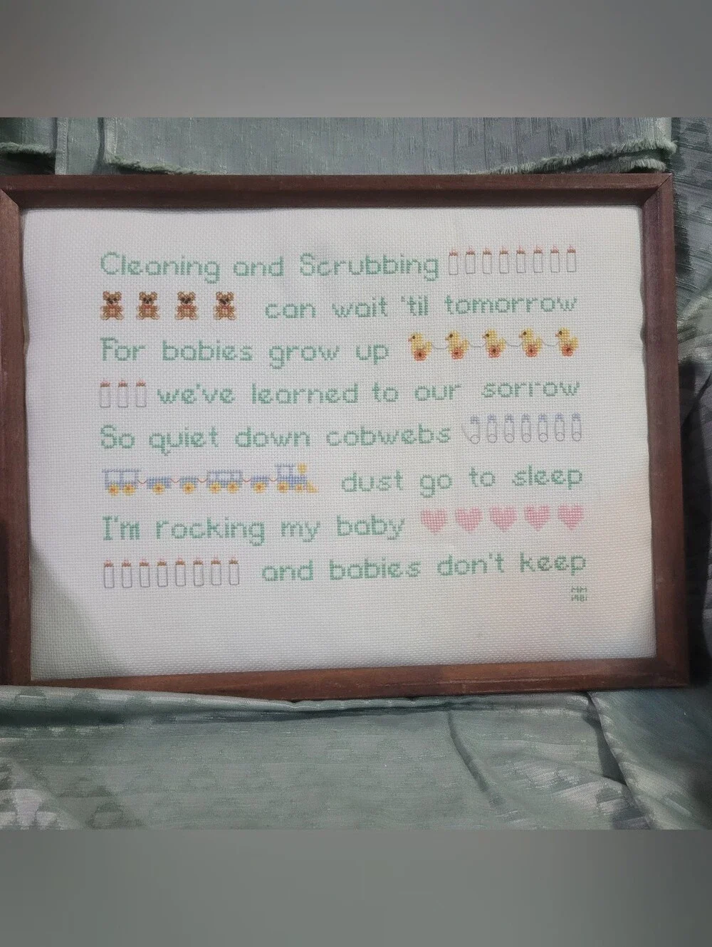 Vintage Framed Handmade Cross-Stitch Baby Lyrics Wall Art in Green and Pink